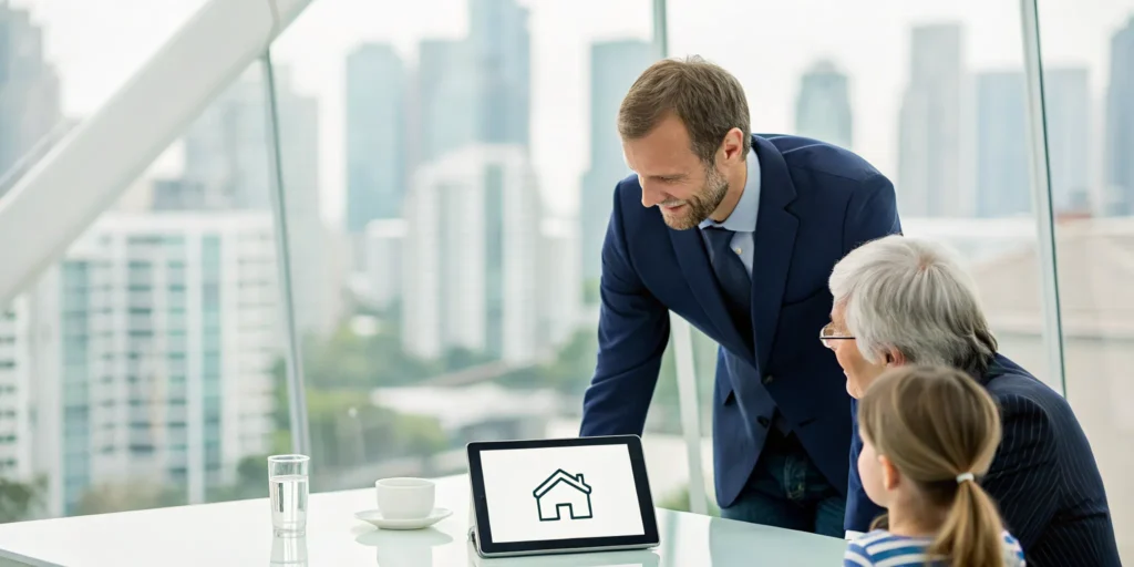 Financial advisor reviewing an estate plan with clients on a tablet.