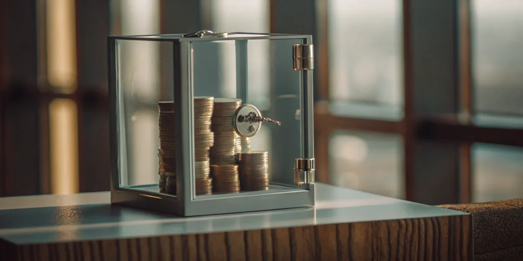A locked glass box of coins with a key, a visual for how a trust fund works.