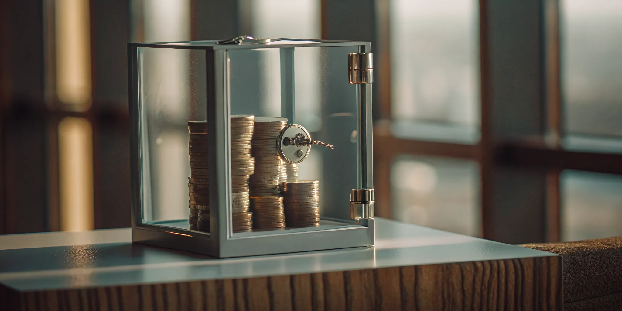 A locked glass box of coins with a key, a visual for how a trust fund works.