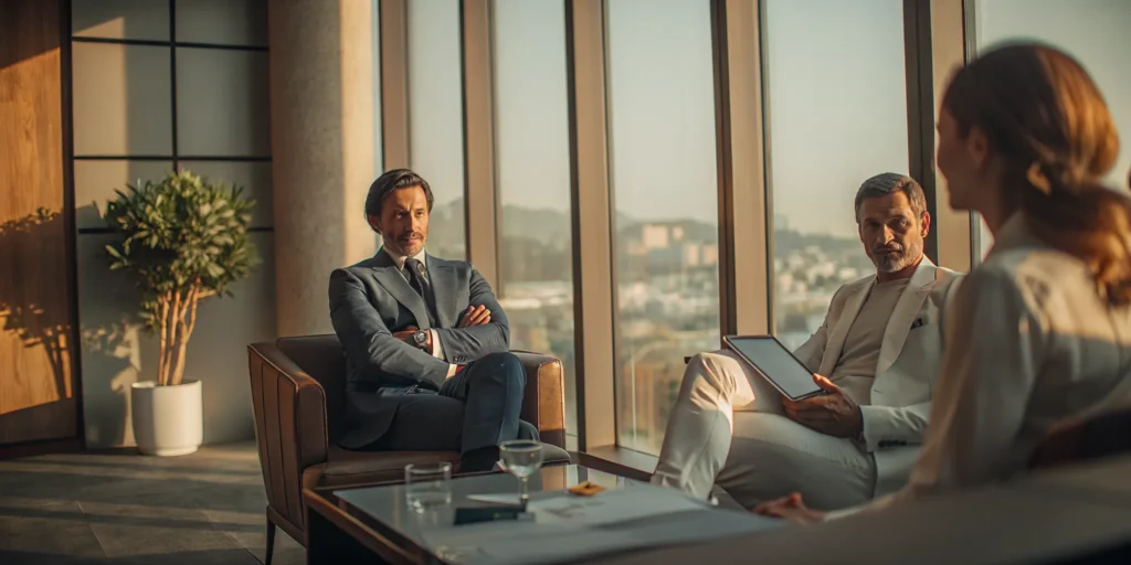 A team of professionals building a retirement investment plan together.