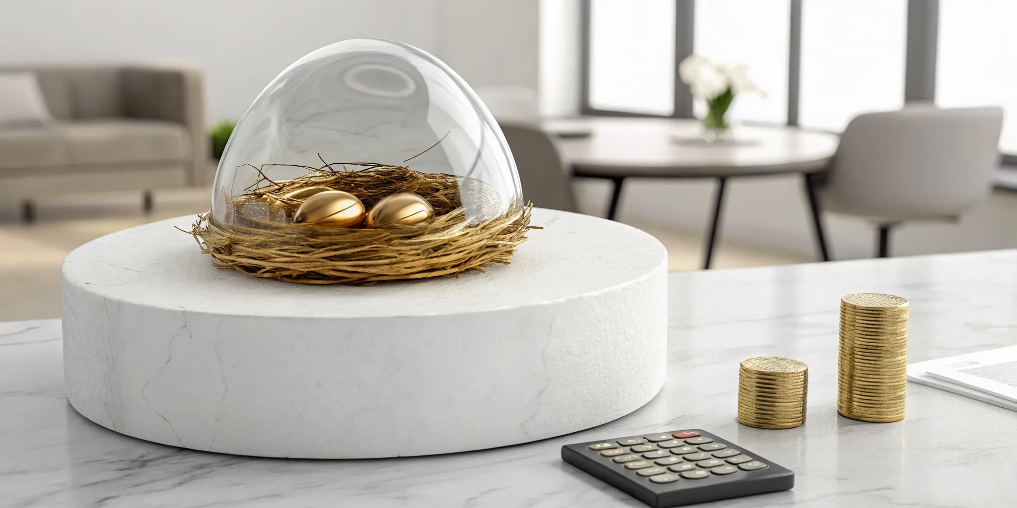 How to create a financial plan for retirement with a calculator, coins, and golden nest eggs.
