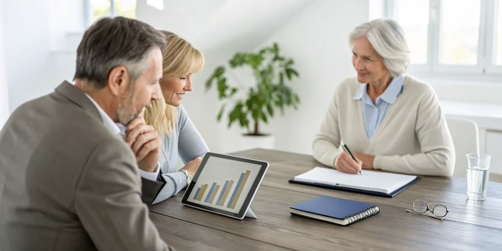Couple and advisor creating a retirement investment plan with a growth chart on a tablet.
