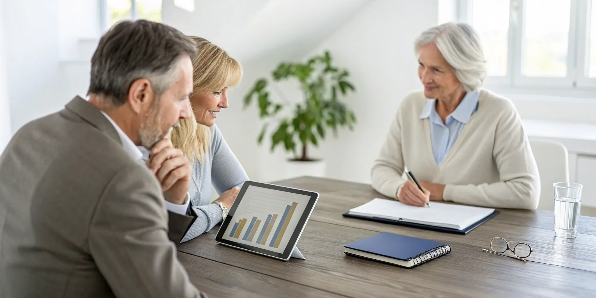 Couple and advisor creating a retirement investment plan with a growth chart on a tablet.