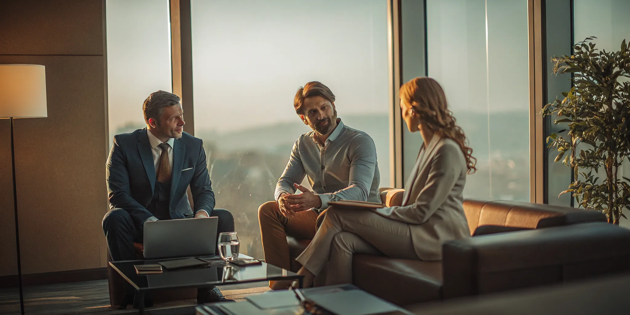 A fiduciary financial advisor reviews a financial plan with a client in an office.