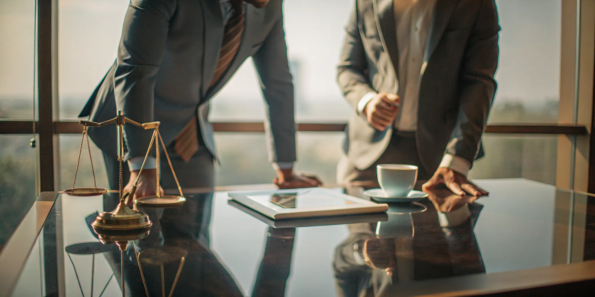 A fiduciary financial advisor discusses a plan with a client, with scales of justice on the desk.