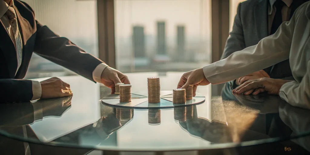 A profit sharing plan shown by businesspeople dividing stacks of coins on a pie chart.