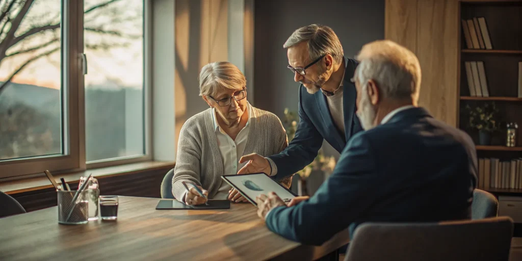 Retirees meeting with a financial advisor to review their estate plan.