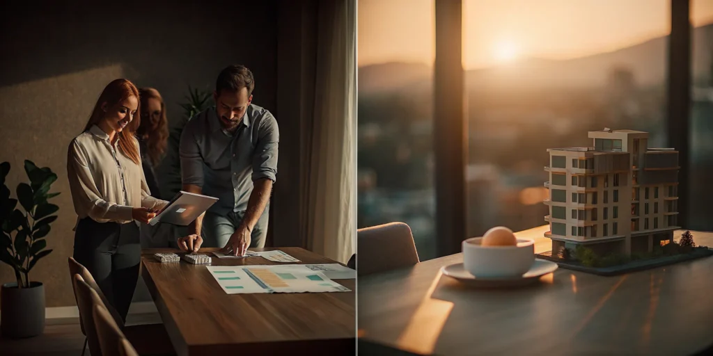 Financial planner vs advisor comparing strategies over a building model.