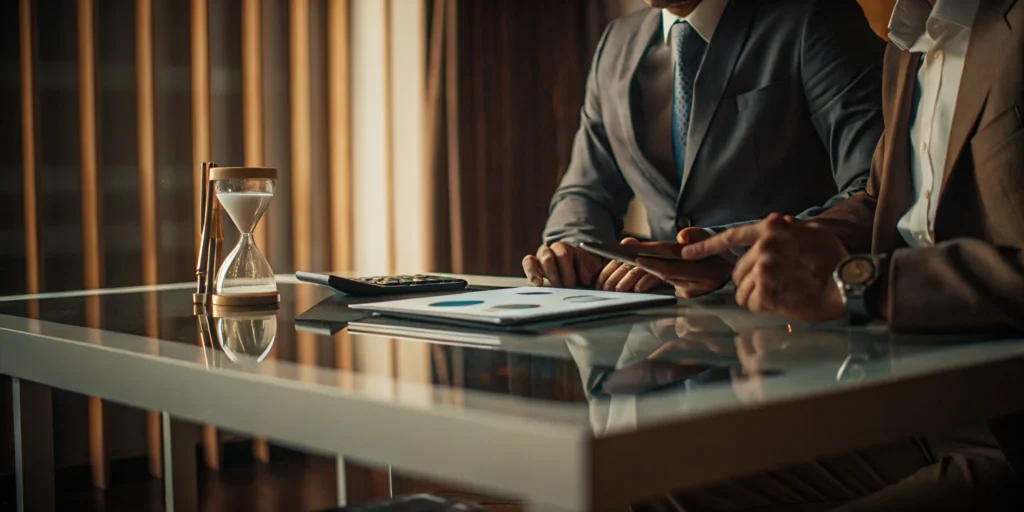 A financial advisor explains the cost of services to a client using a calculator and an hourglass.