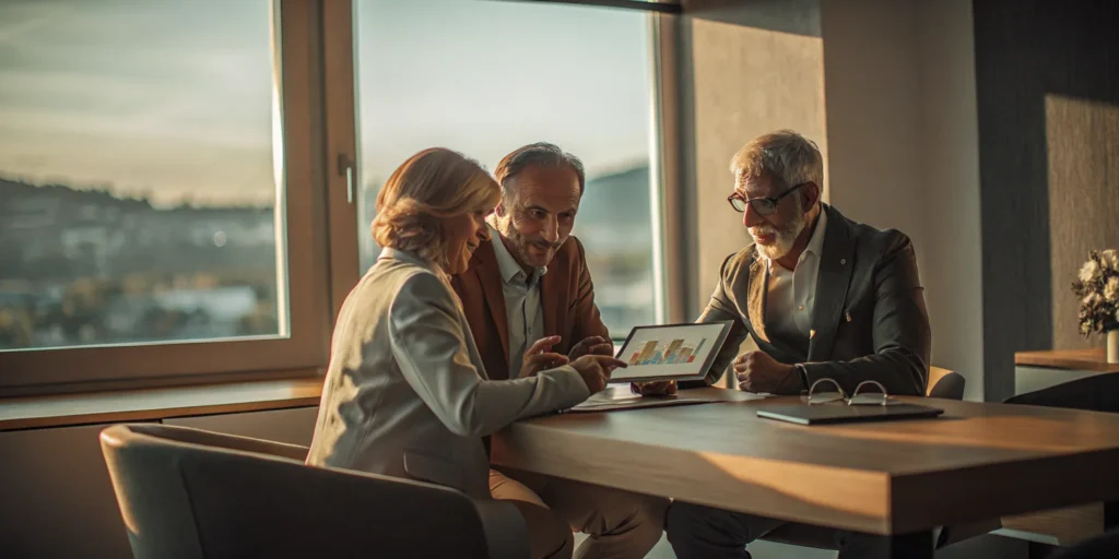 A financial advisor for retirement planning discusses investment options with senior clients.