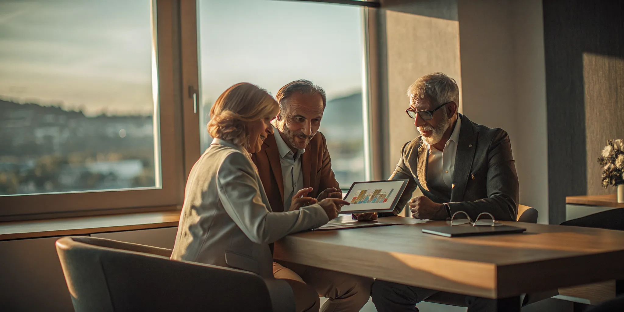 A financial advisor for retirement planning discusses investment options with senior clients.