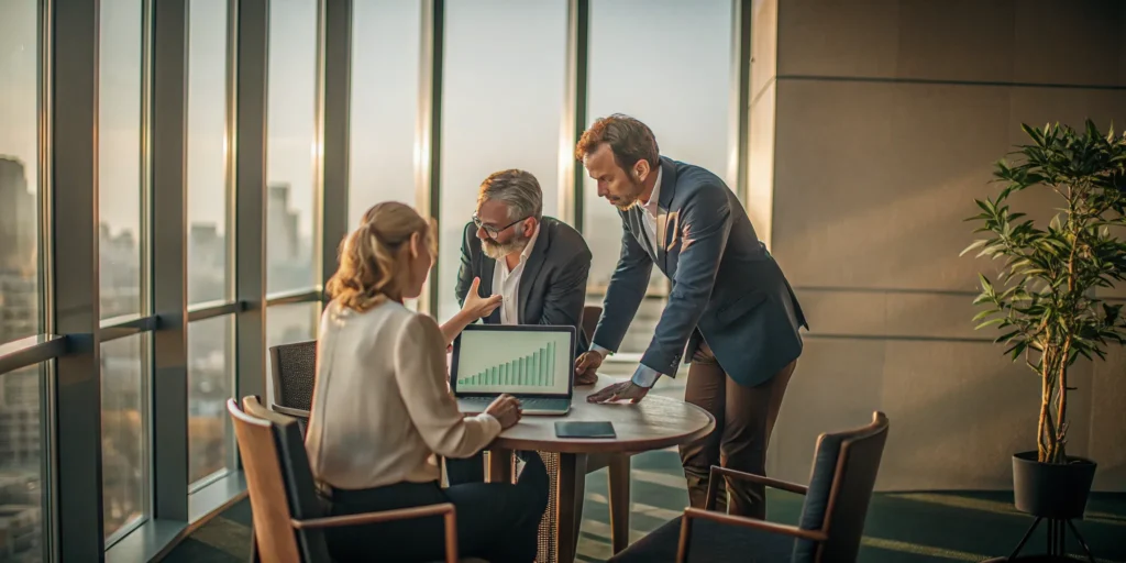 A financial planner reviews the best retirement options with clients using charts on a laptop.