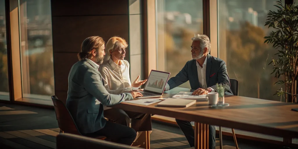 Clients meeting with one of the best financial advisors for retirement to review charts on a laptop.