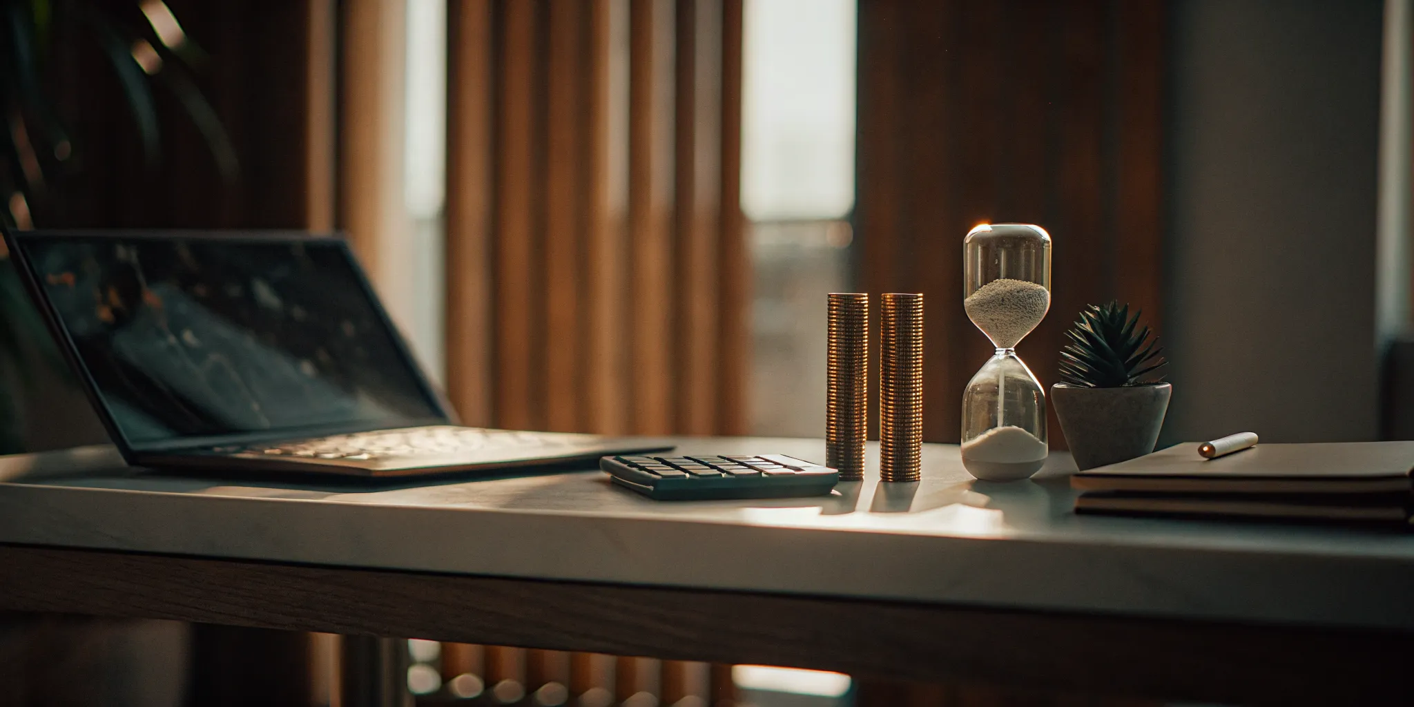Using a retirement calculator on a laptop next to coins and an hourglass.