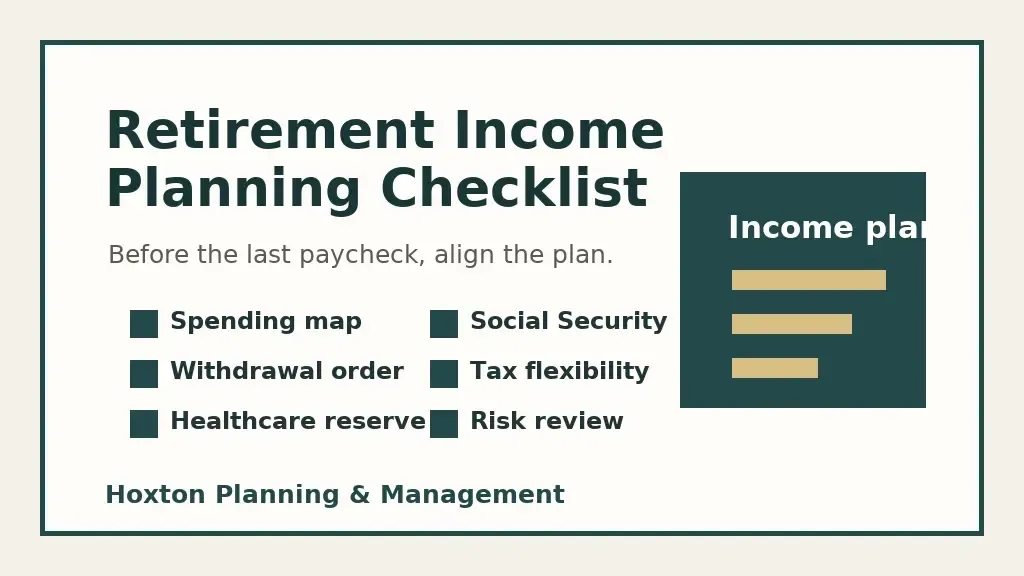 Retirement income planning checklist covering spending, Social Security, withdrawals, taxes, healthcare, and risk