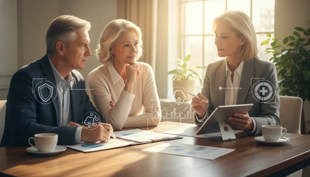 Advisor reviewing risk management financial planning with retirees