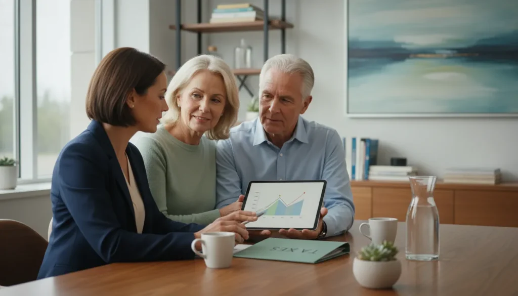 Retired couple reviewing tax efficient investing decisions with an adviser