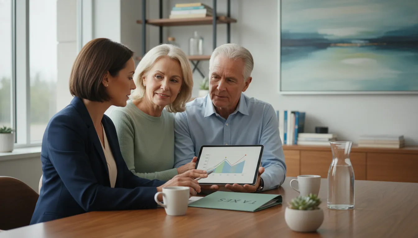 Retired couple reviewing tax efficient investing decisions with an adviser