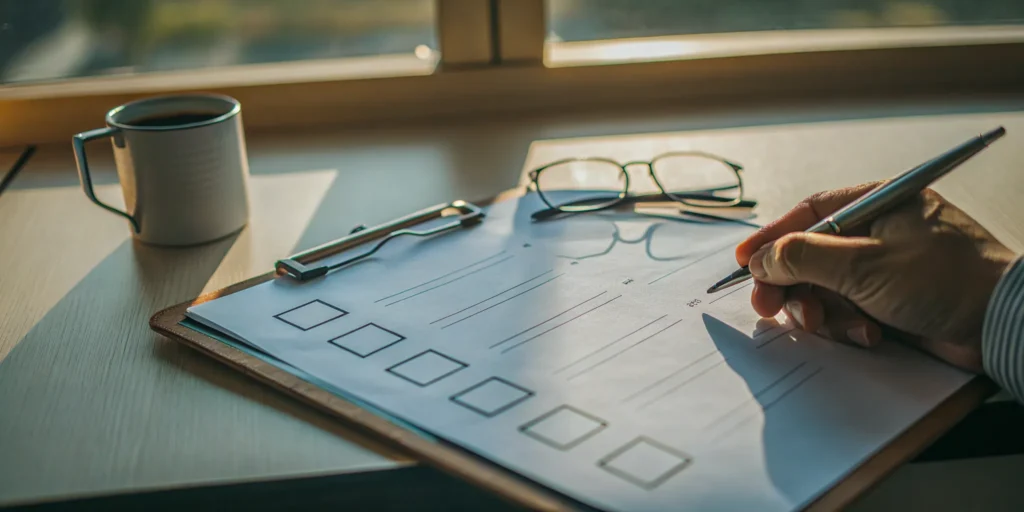 An estate planning checklist for seniors on a clipboard with a pen and glasses.