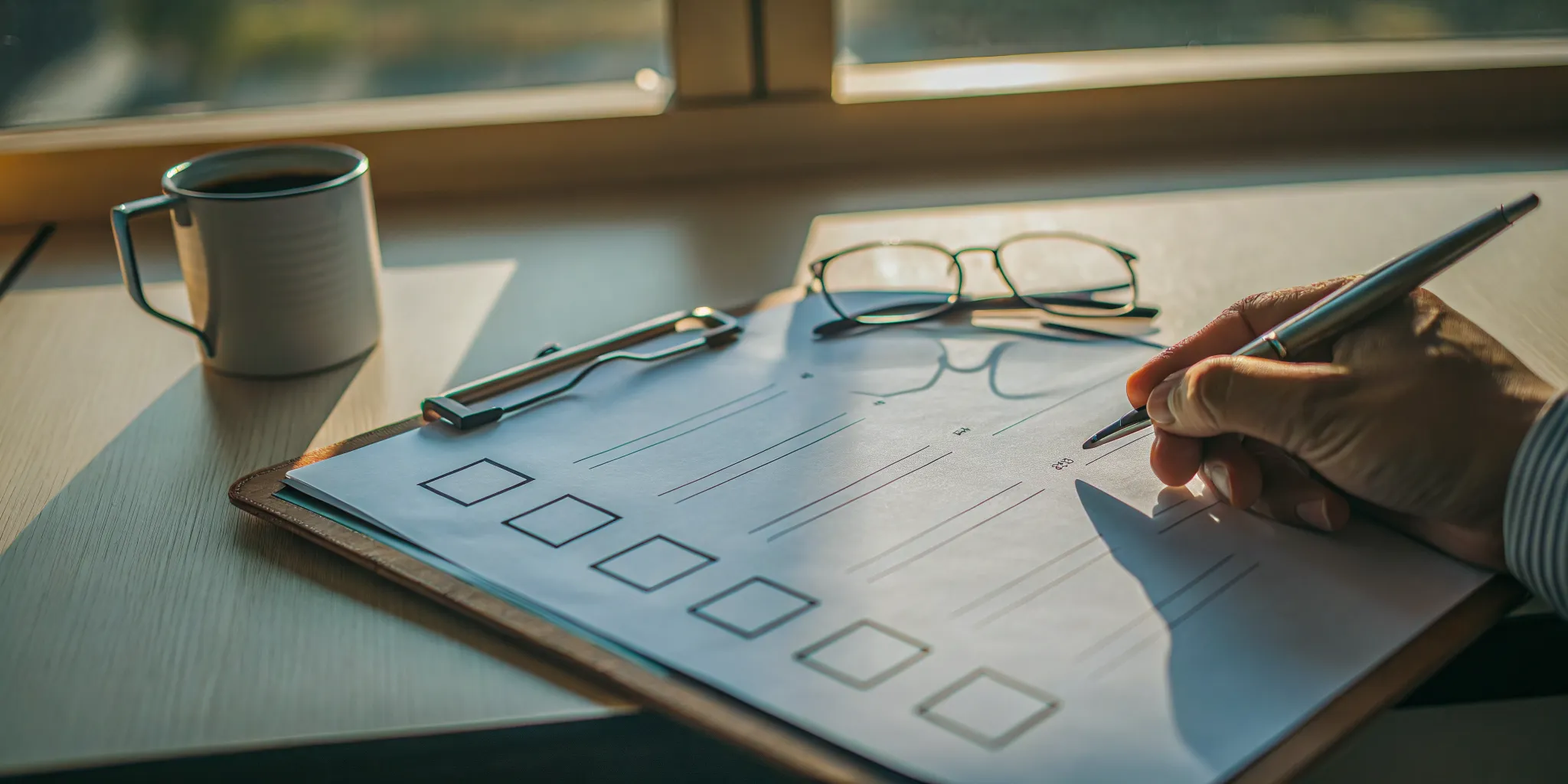 An estate planning checklist for seniors on a clipboard with a pen and glasses.