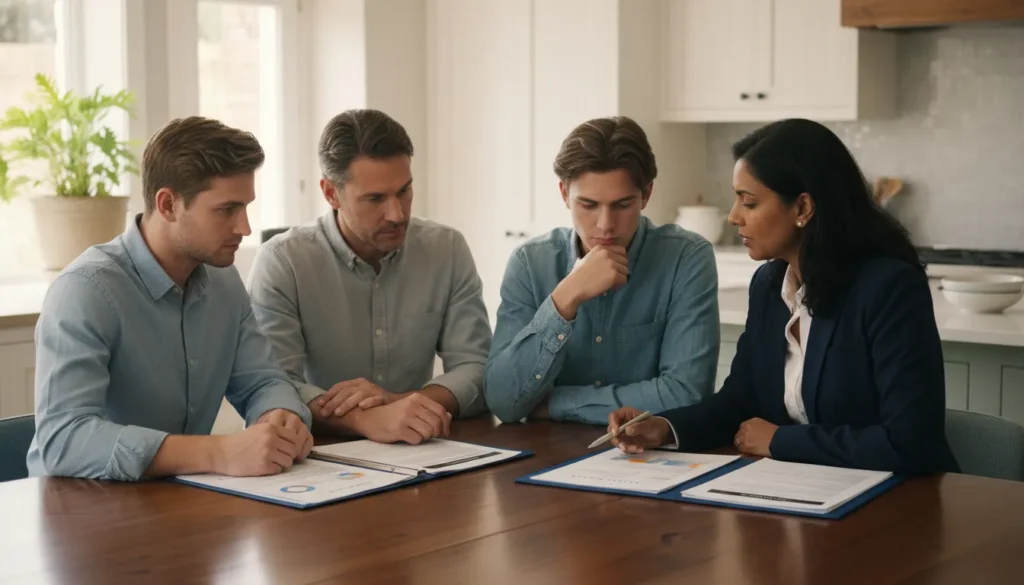 Family discussing trust fund planning documents at a kitchen table