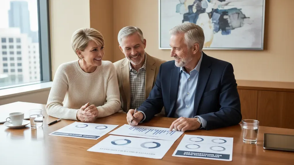 Financial advisor for retirement planning reviewing income, tax, and investment decisions with pre-retirees