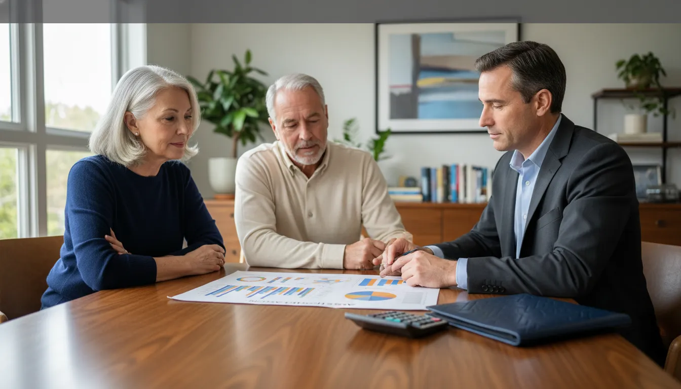 Retired couple and adviser reviewing portfolio rebalancing allocation documents