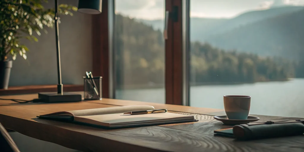 A wooden office desk with a warm cup of coffee and a leather notebook, overlooking a serene lake and mountains.