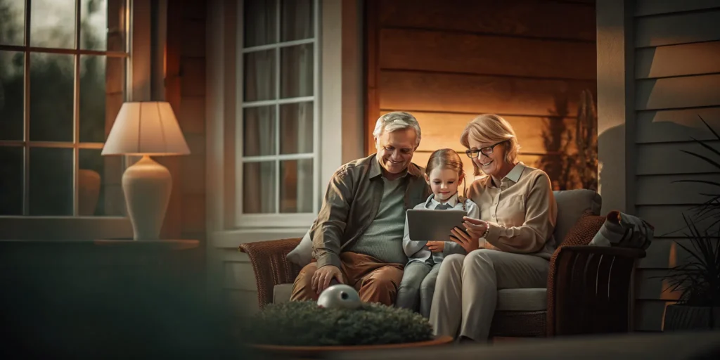A family reviewing a college savings plan on a tablet, representing multigenerational financial planning for education