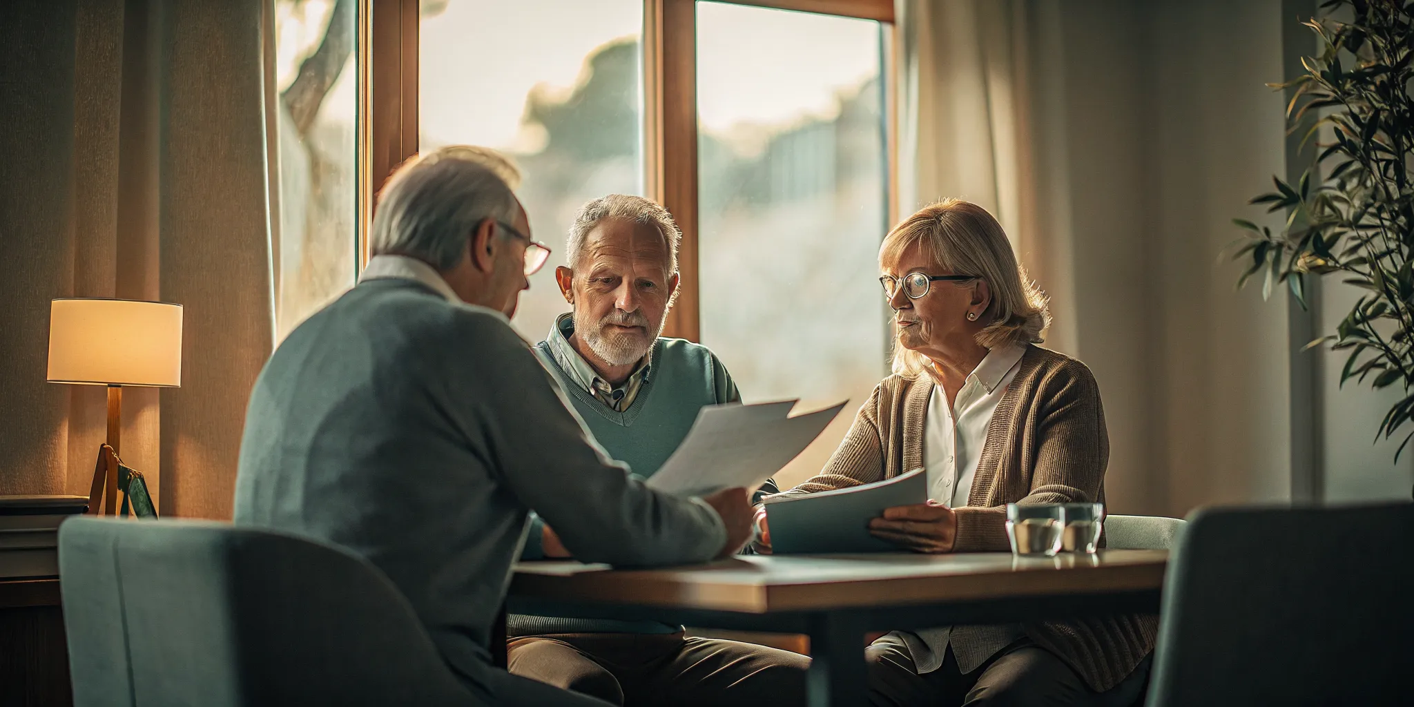 Financial advisor discussing retirement planning documents with a couple during a consultation