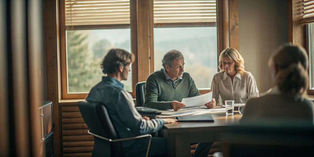 Financial advisor meeting with a multi-generational family in a warm West Virginia office, discussing education planning