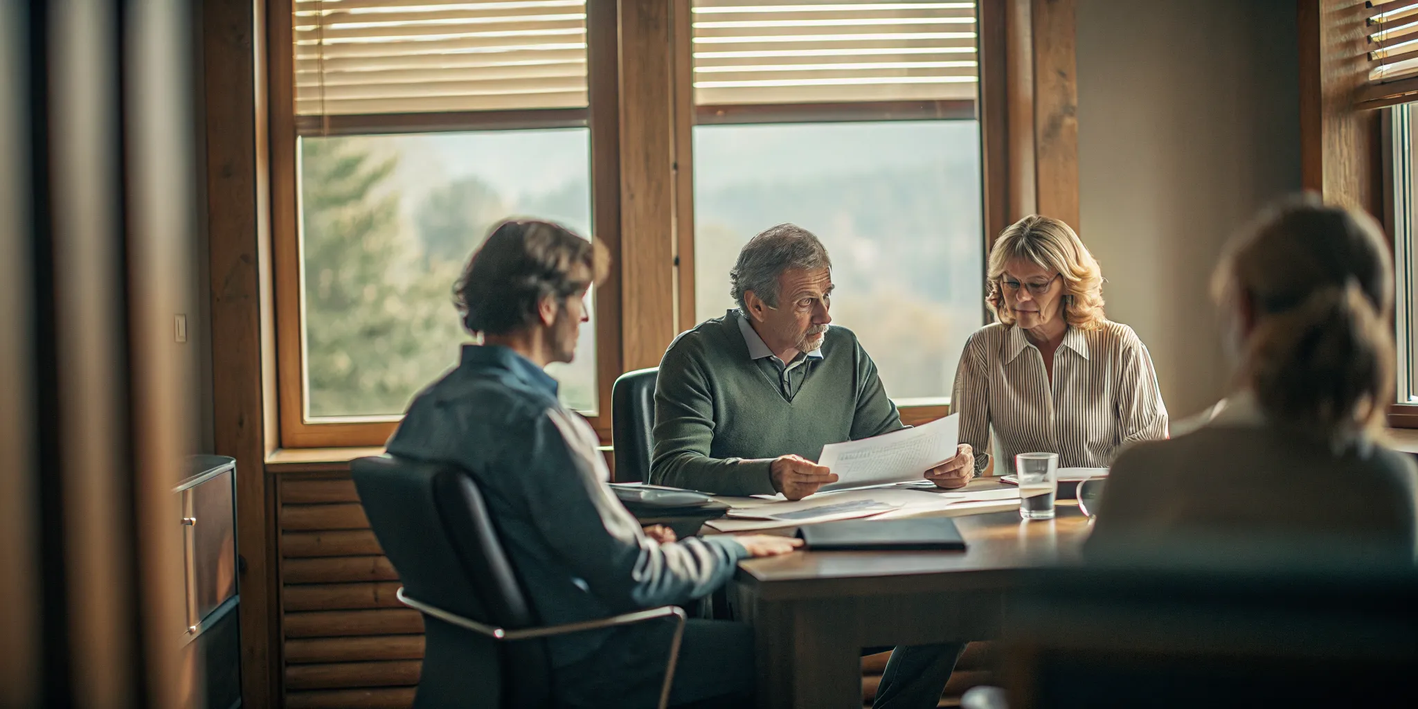 Financial advisor meeting with a multi-generational family in a warm West Virginia office, discussing education planning