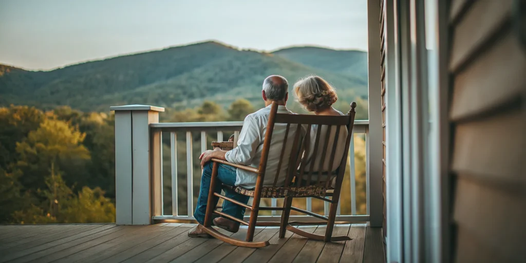 Retired couple reviewing insurance documents on a tablet while sitting on a porch overlooking West Virginia mountains