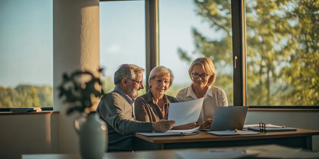 Senior couple meeting with a financial advisor to review Medicare and retirement documents