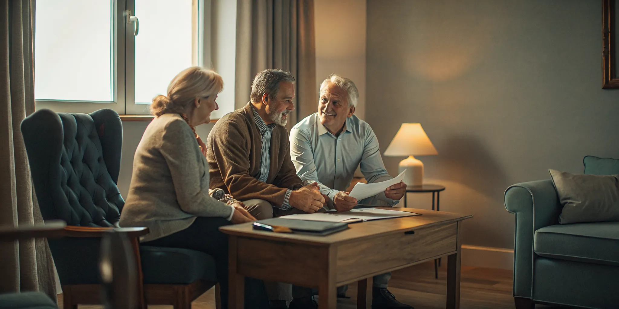 A couple in their 60s meeting with a financial advisor to review Medicare options and retirement healthcare planning documents