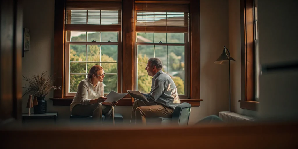 Small business owner discussing financial planning with an advisor in a warm office setting