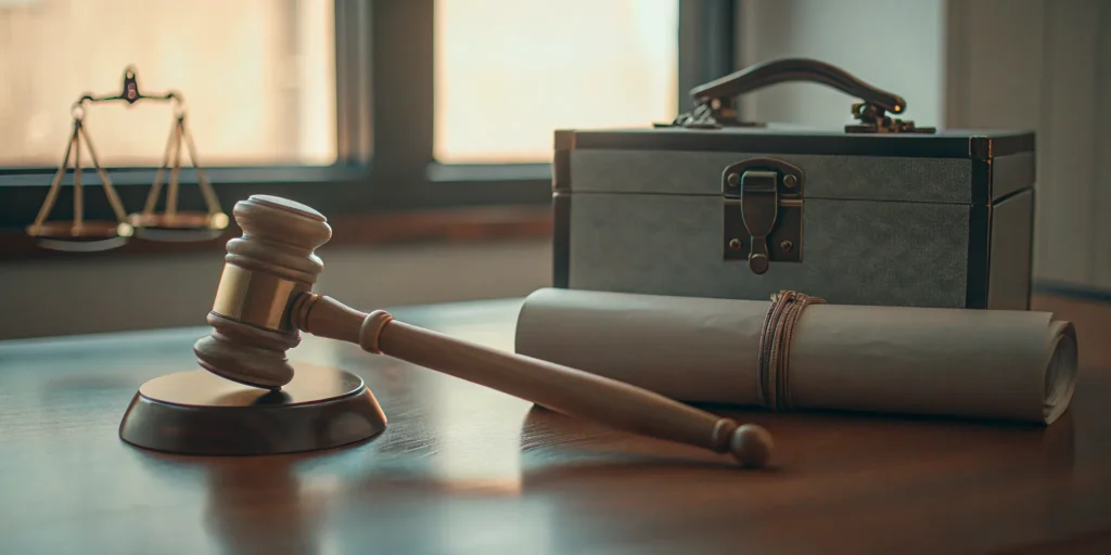 Wooden gavel next to a lockbox and parchment documents representing the choice between a will and a trust for estate planning