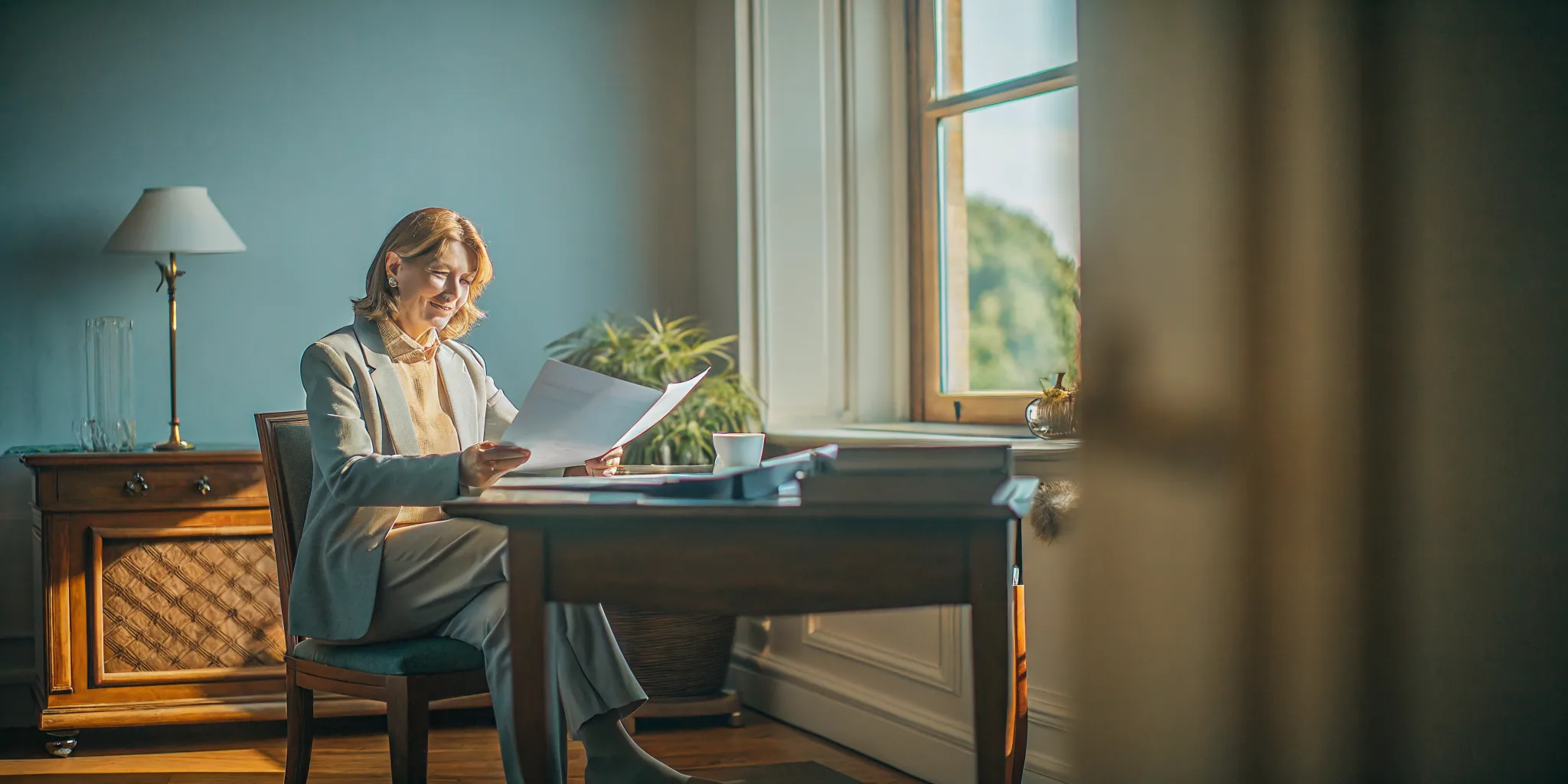 A confident woman in her 50s reviewing financial planning documents at a sunlit desk