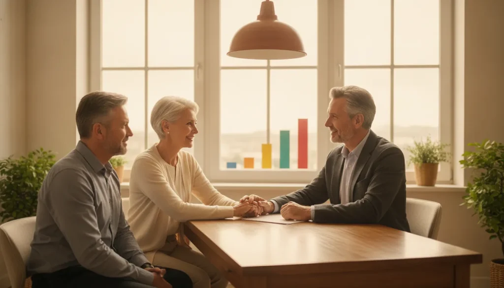 A financial advisor reviewing a retirement asset allocation plan with a couple in a bright, warm office