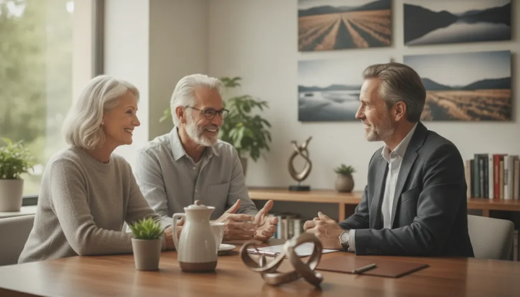 Retired couple discussing a long-term income plan with a financial advisor