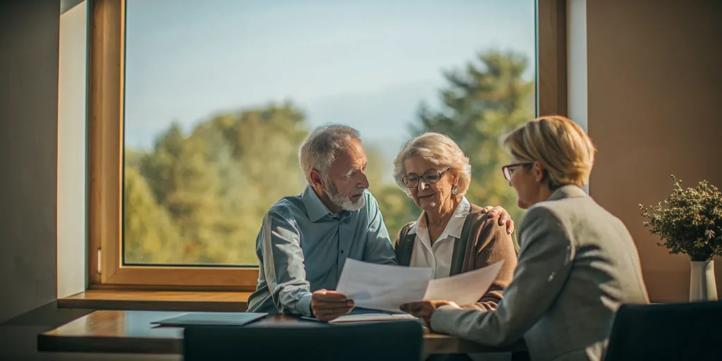 A financial advisor helping a retired couple review a retirement income plan in a bright office