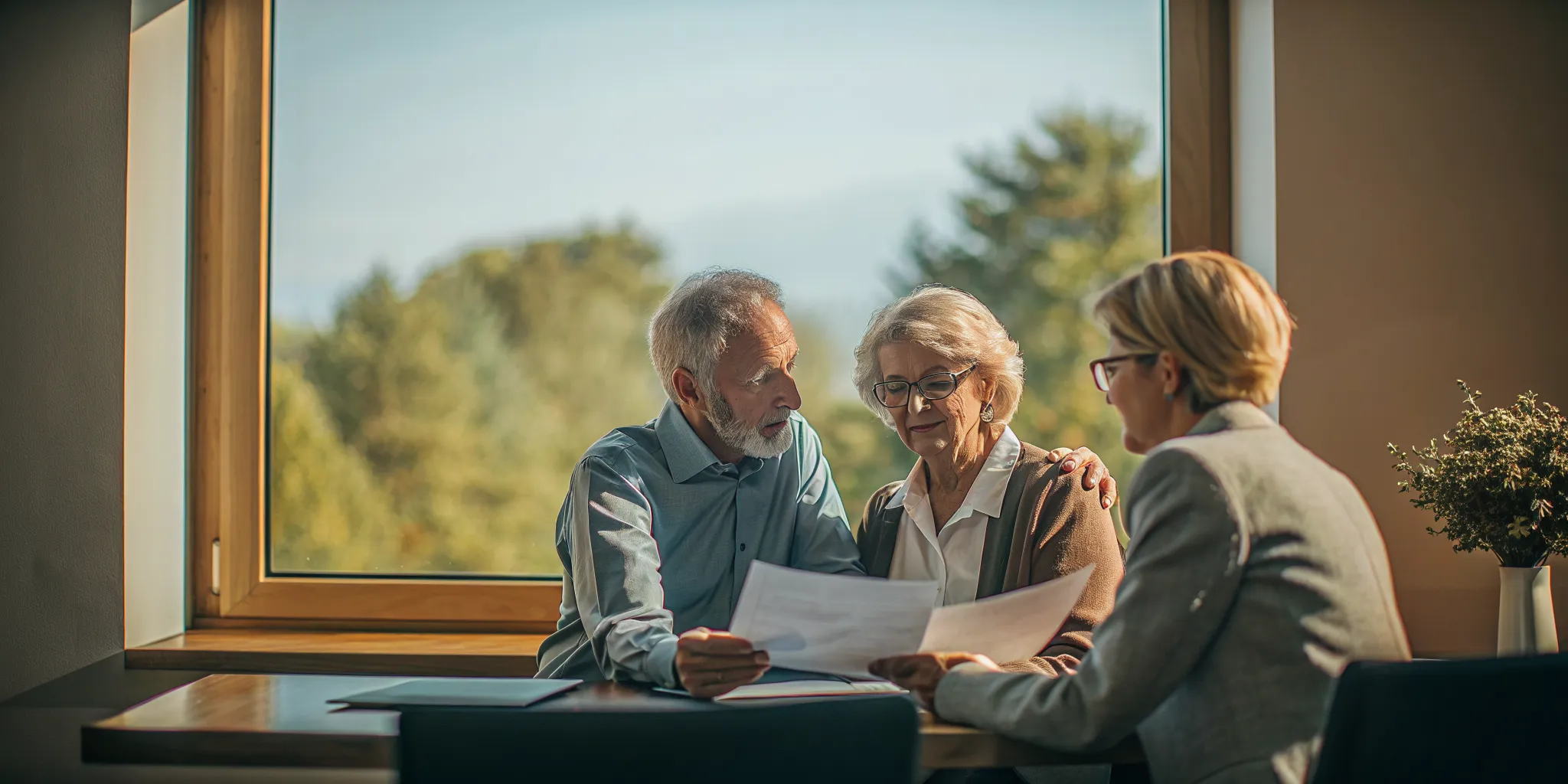 A financial advisor helping a retired couple review a retirement income plan in a bright office