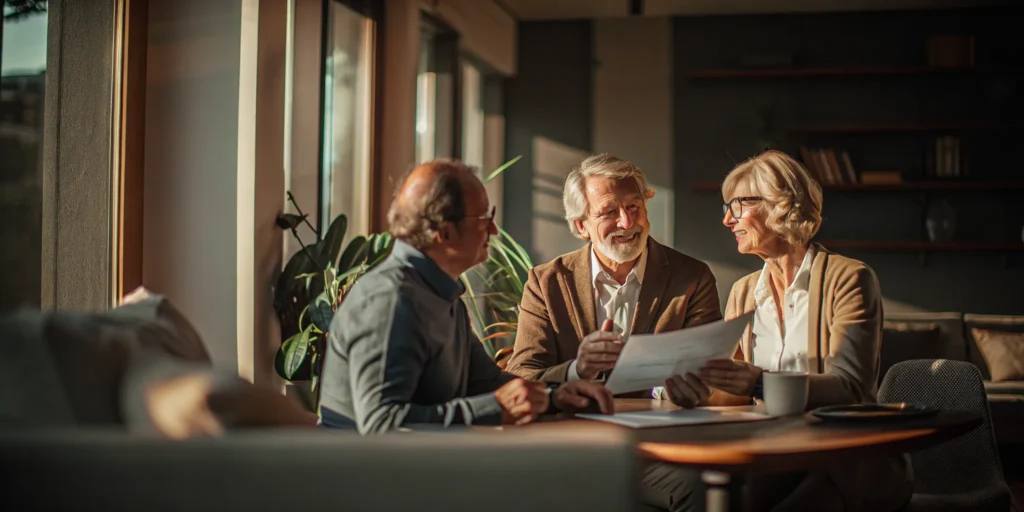 A retired couple meeting with their financial advisor to review their retirement plan in a bright office