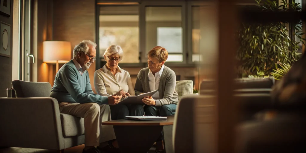Older couple meeting with a financial advisor to review retirement planning documents
