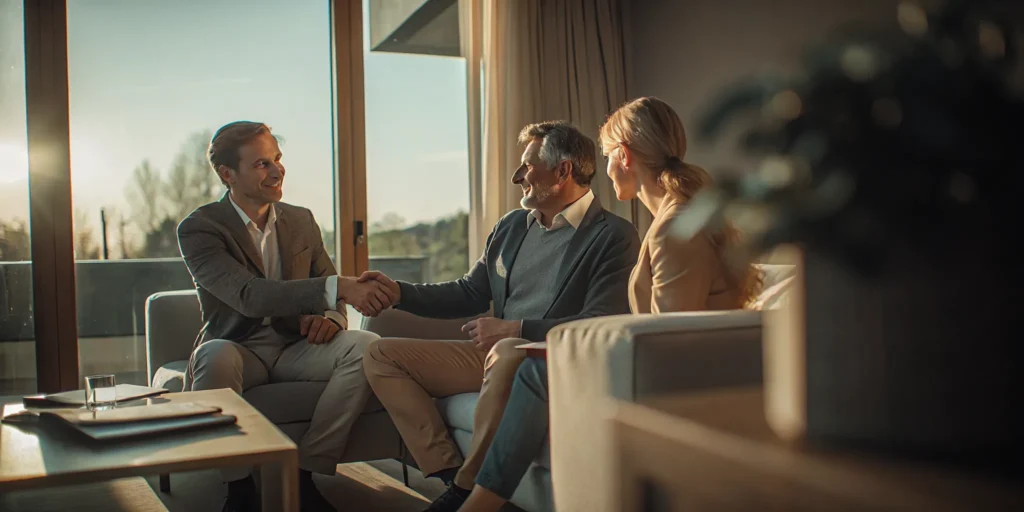 Financial advisor speaking with a middle-aged couple in a bright modern office about a gradual retirement transition