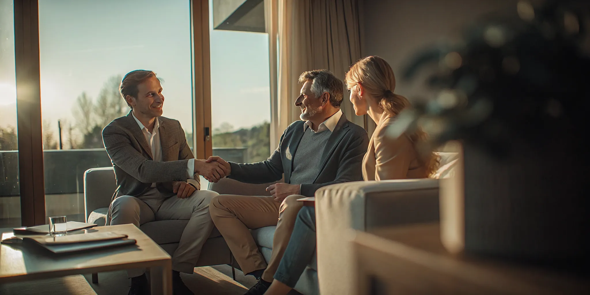 Financial advisor speaking with a middle-aged couple in a bright modern office about a gradual retirement transition