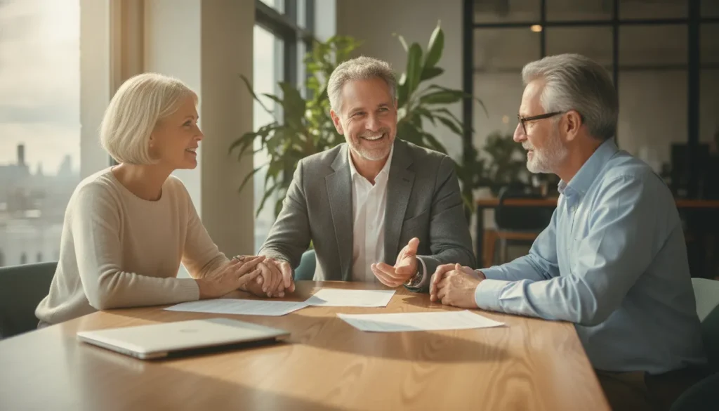 Retired couple meeting with a financial advisor to review their retirement portfolio.