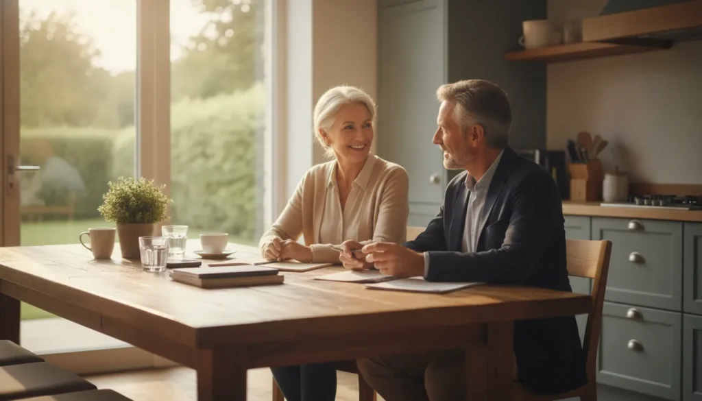Financial planner speaking with a middle-aged couple in a bright office about a retirement transition plan