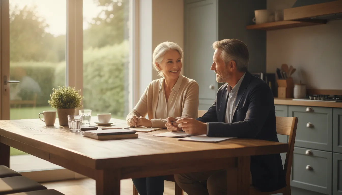 Financial planner speaking with a middle-aged couple in a bright office about a retirement transition plan