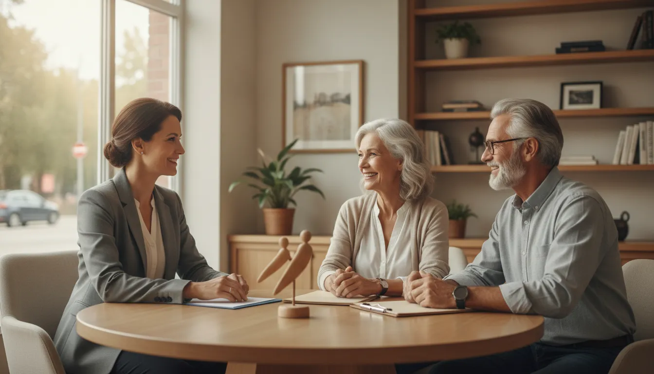 Retired couple discussing a retirement income plan with a financial advisor